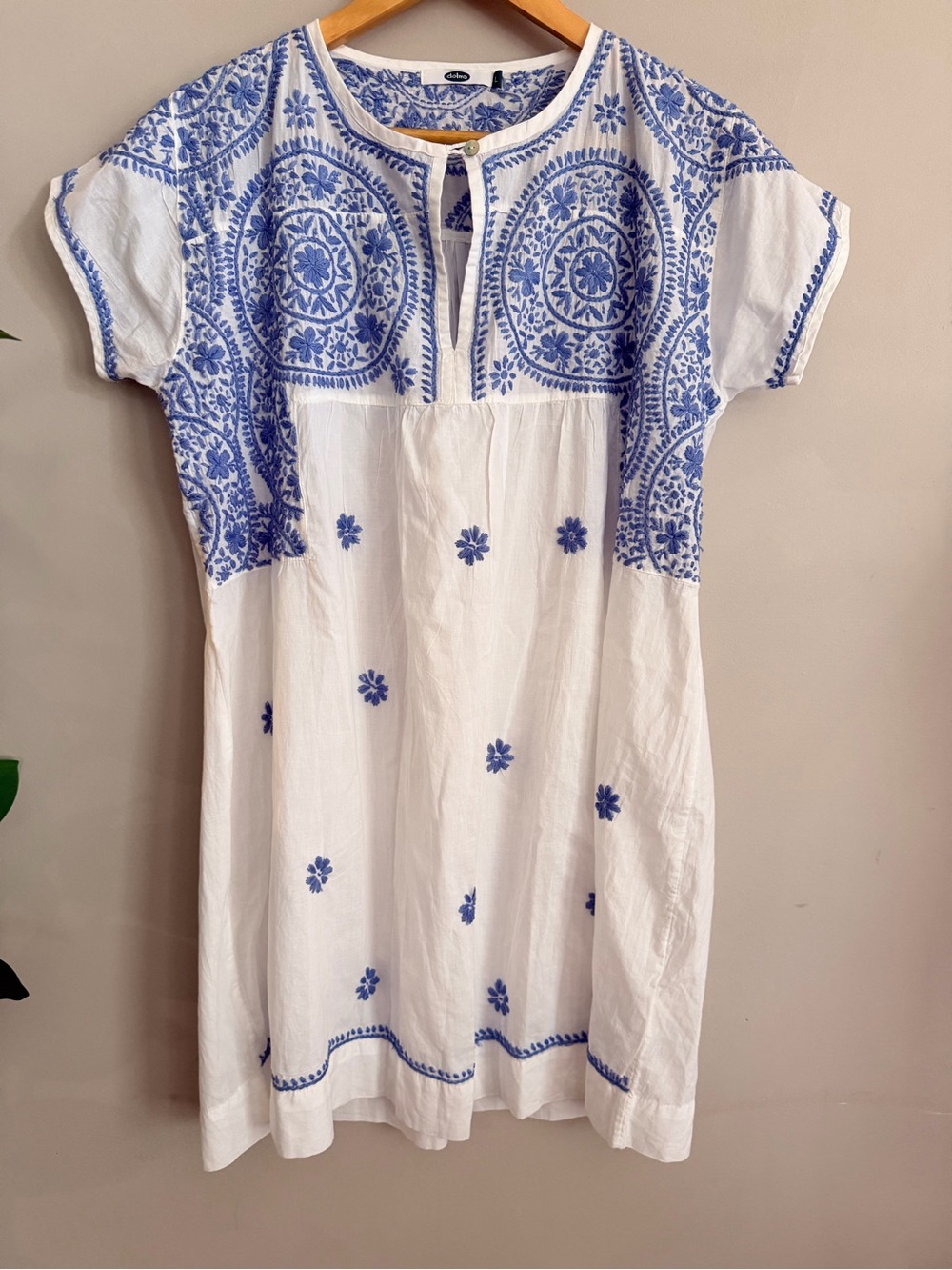 Dolma White Blue Hand Embroidered 100% Cotton Boho Tunic Dress Size L